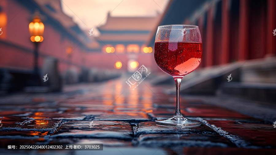 故宮石板路前景中的一杯紅酒