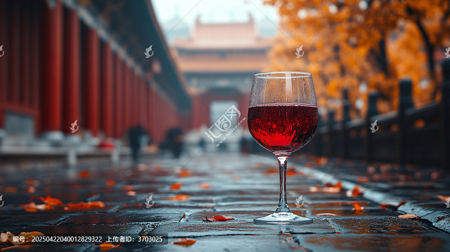 故宮石板路前景中的一杯紅酒