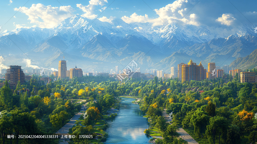城市中高樓林立背靠雪山的晨曦美景