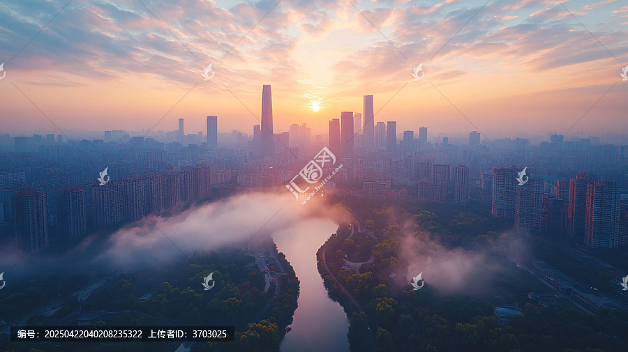 城市高樓大廈鳥(niǎo)瞰全景藍(lán)天白云相襯