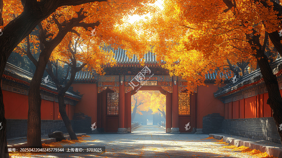 紅墻旁銀杏樹下的古雅景致