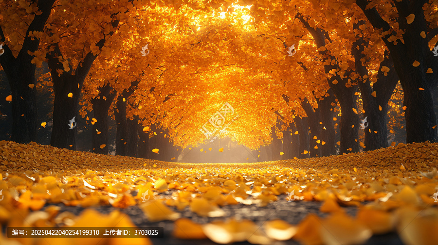 金黃色銀杏大道滿(mǎn)是落葉的秋日街景