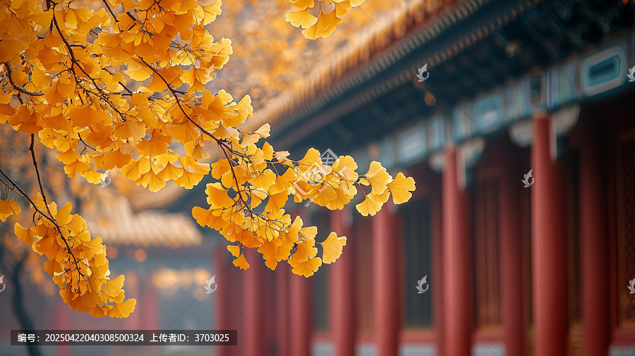 古建筑旁金黃銀杏葉特寫