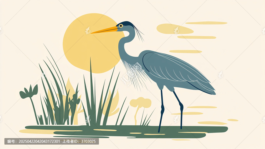 湖畔蒼鷺圖