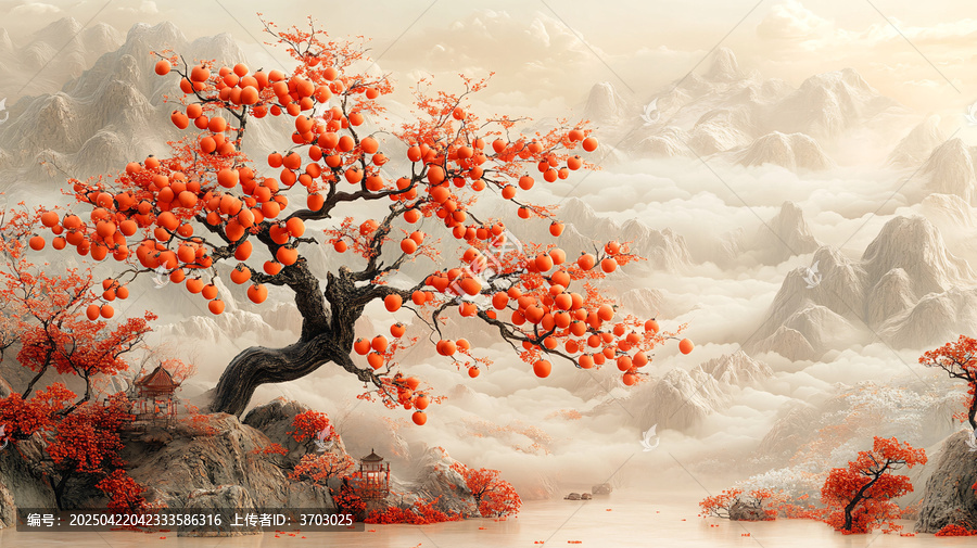 橙柿紅樹山水圖