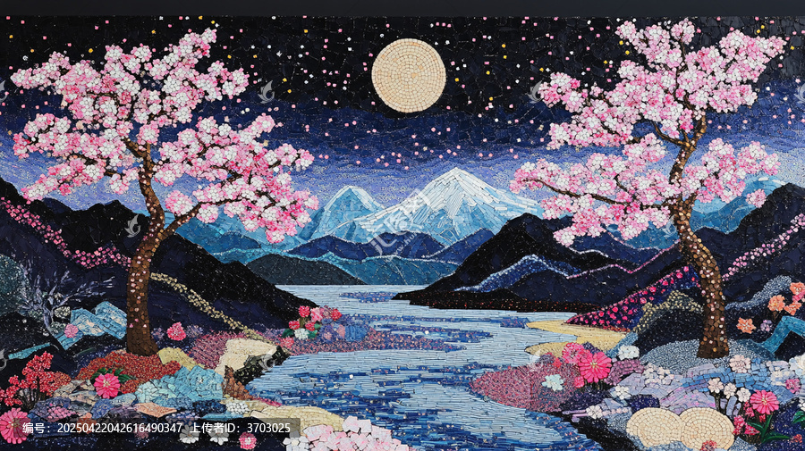 櫻花樹河流山水