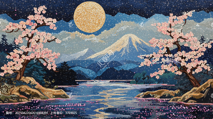 櫻花樹河流山水