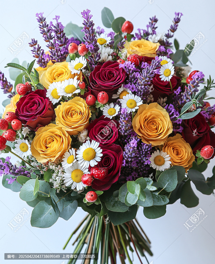 混合花束紅黃玫瑰紫薰衣草白雛菊