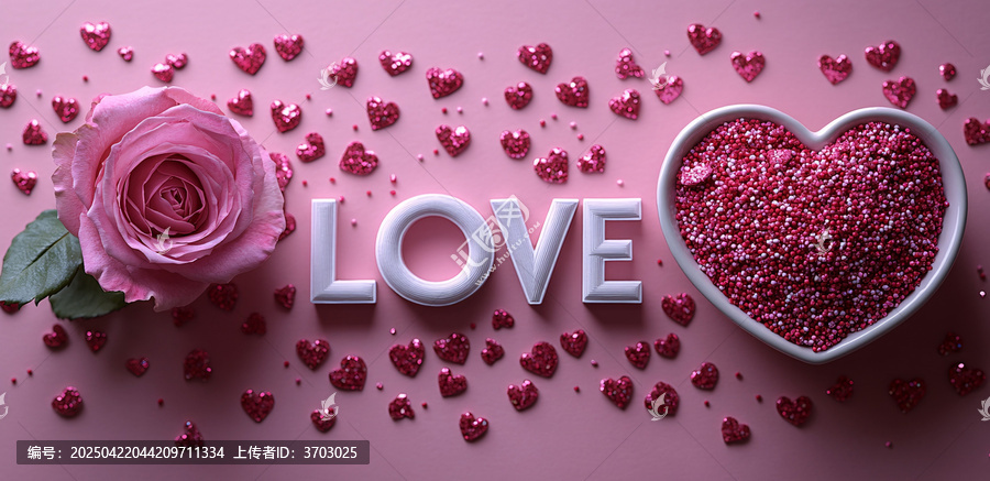 粉色背景上的LOVE文字與玫瑰