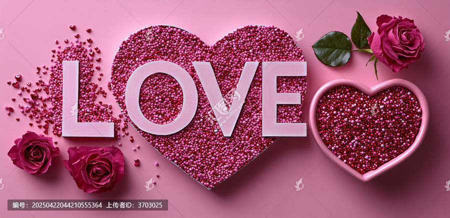 粉色背景上的LOVE文字與玫瑰