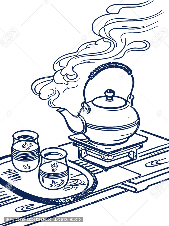 古風(fēng)煮茶器具手繪線稿茶葉包裝設(shè)計(jì)矢量圖