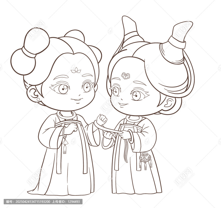 唐朝端午節(jié)互綁五彩繩長命縷美女線條畫