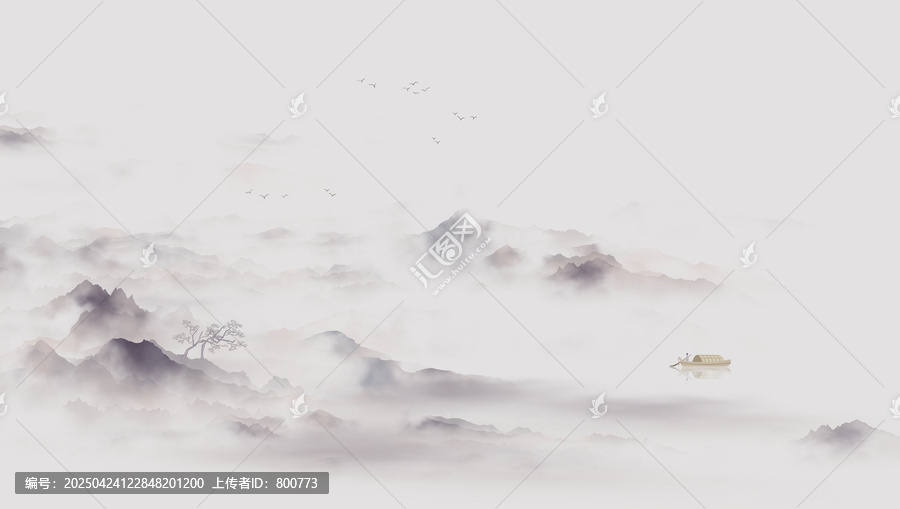 中式紫韻水墨山水畫