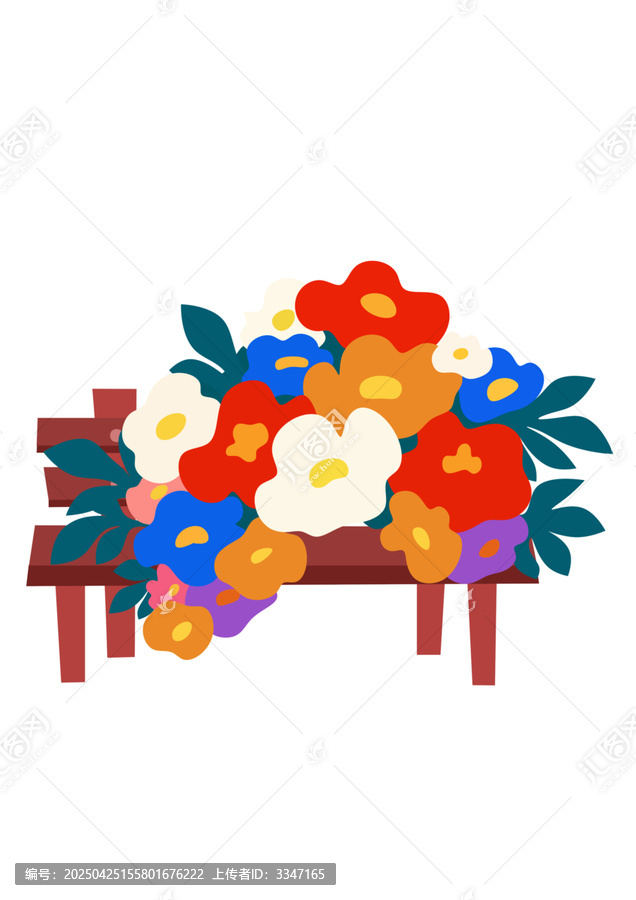 長(zhǎng)椅上的多彩花卉插畫