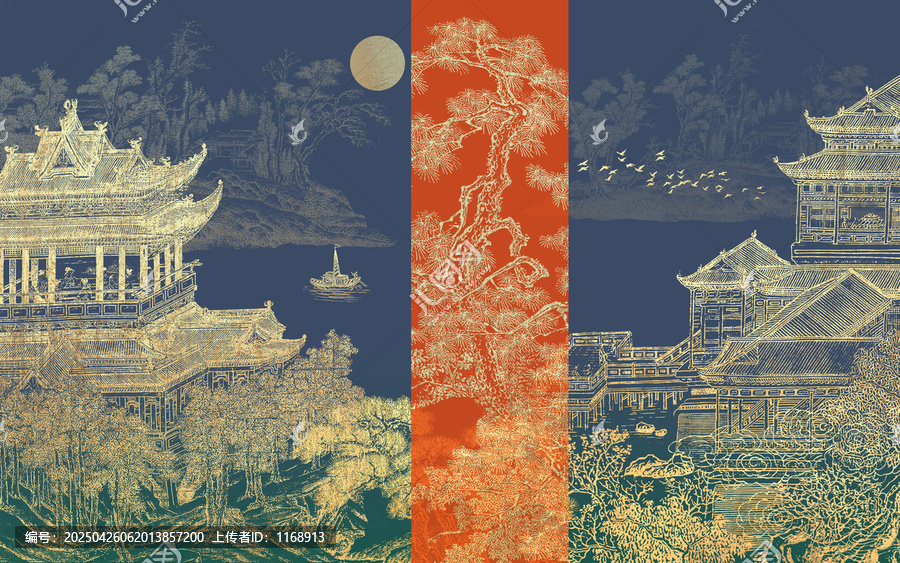 新中式刺繡山水樓閣背景墻