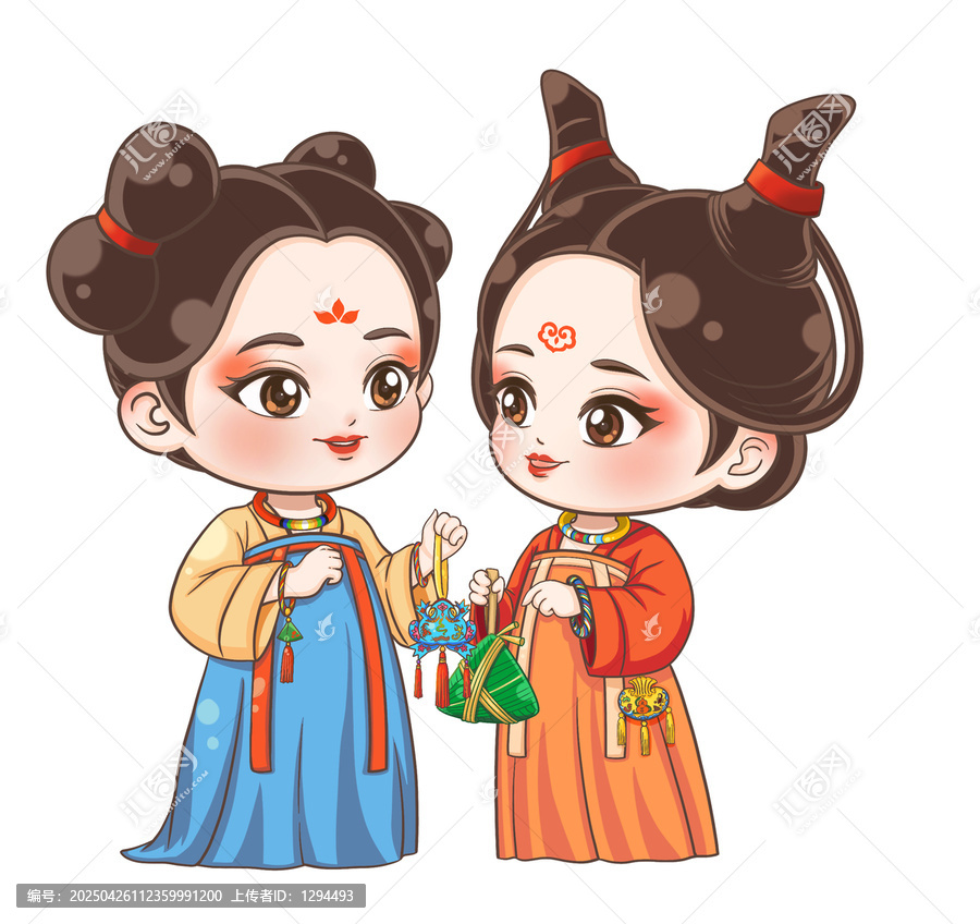 古人過端午互贈粽子五毒香包禮物手繪插畫
