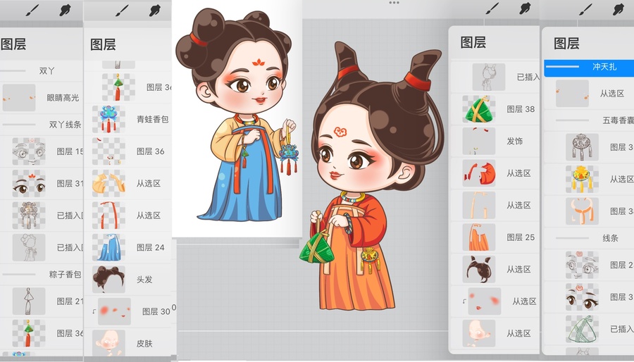 古人過端午互贈粽子五毒香包禮物手繪插畫