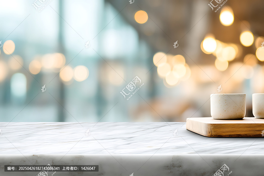 白色大理石桌面與模糊背景