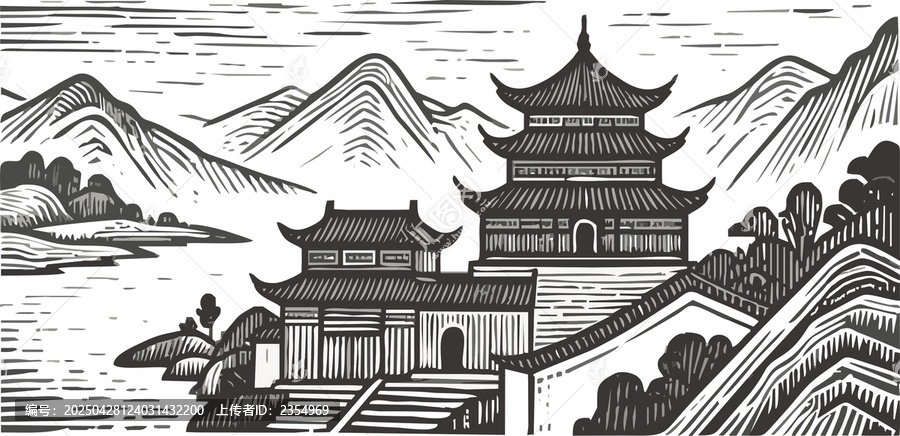 山水畫卷插圖版畫素描底紋古建筑紋理矢量圖