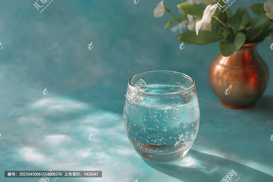 透明玻璃杯中氣泡水與花瓶