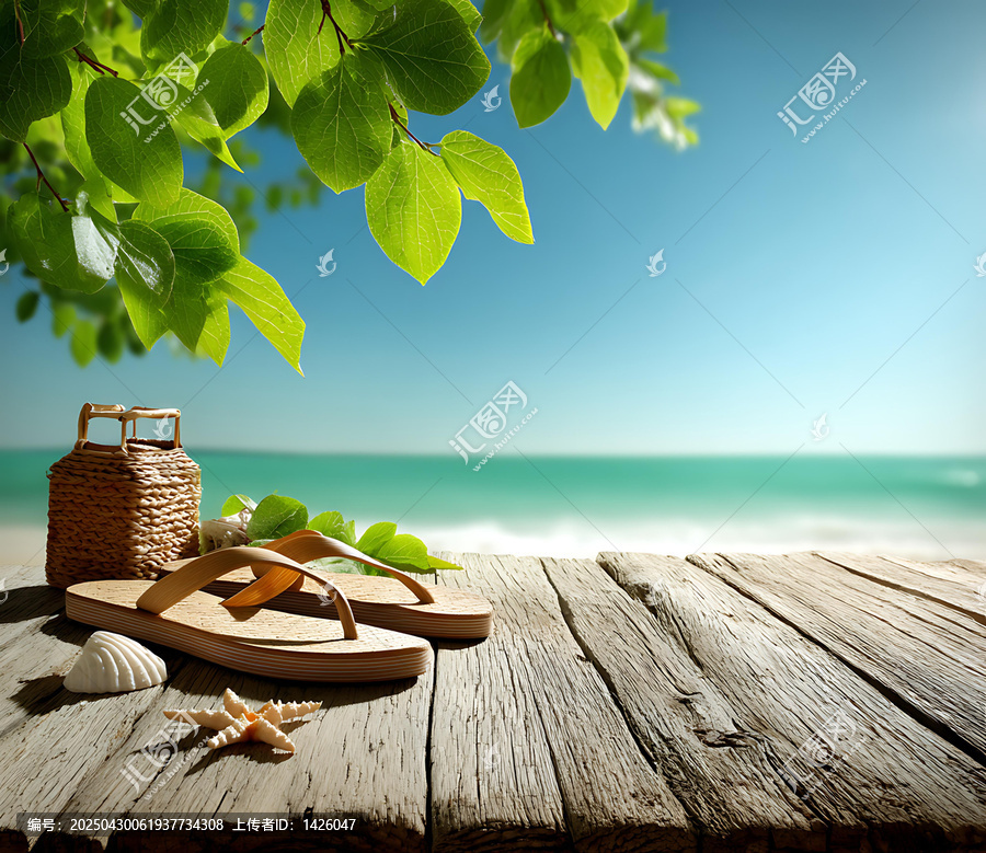 夏日海灘木質(zhì)平臺上的涼鞋