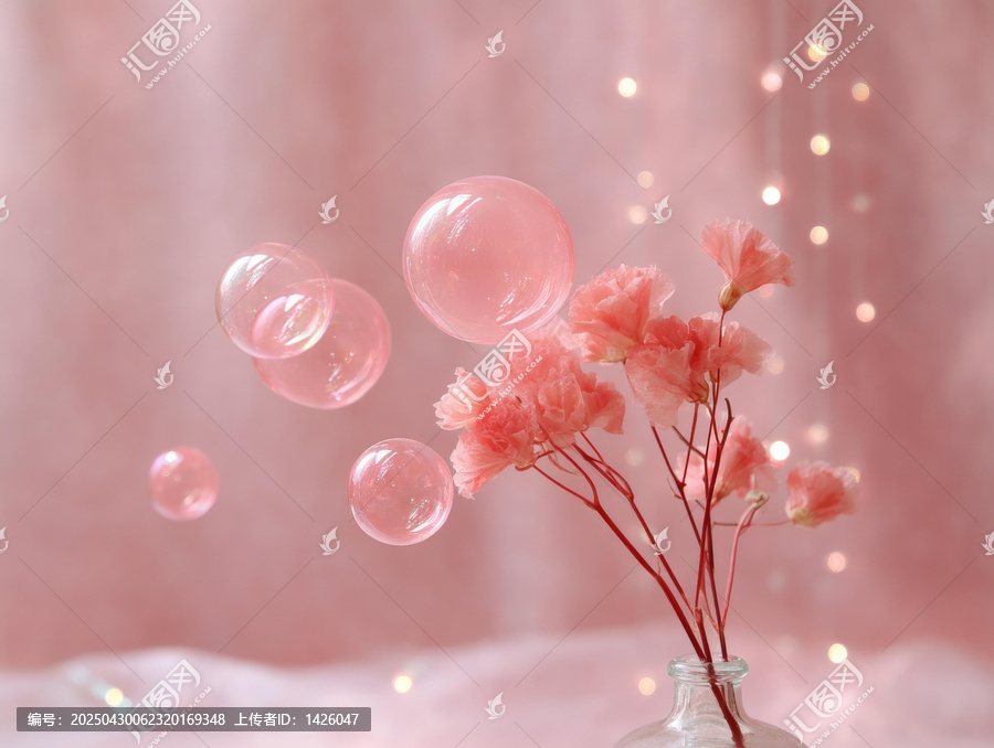 粉嫩泡泡與花朵的夢幻場景