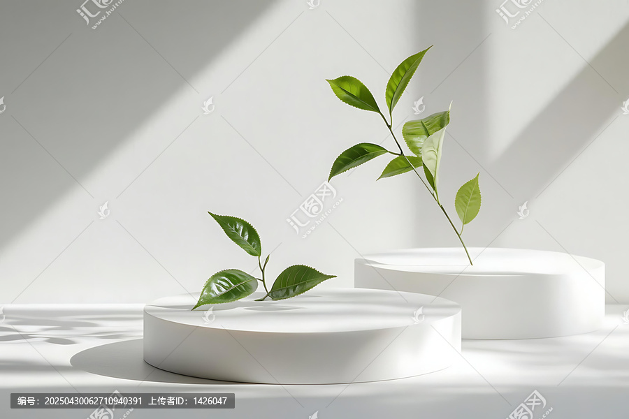 白色展示臺上的自然綠葉