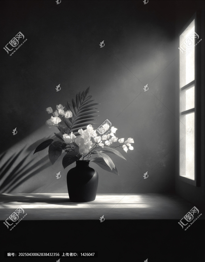 黑白花藝擺件的靜謐光影