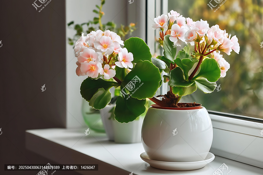 窗臺(tái)上粉嫩花朵的溫馨擺設(shè)