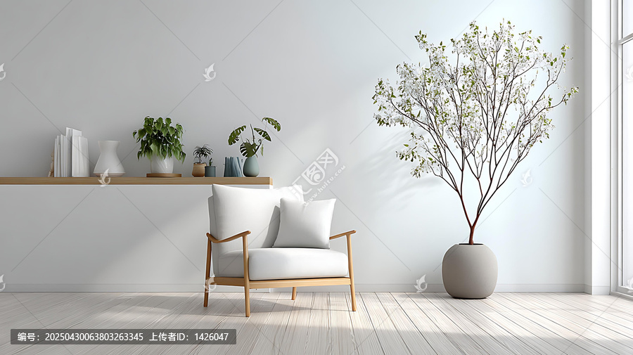 現(xiàn)代極簡風(fēng)格客廳，盛放的花樹