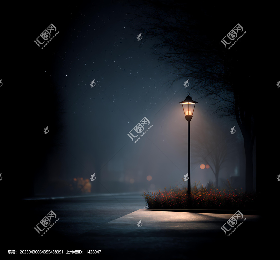 朦朧夜色下的路燈
