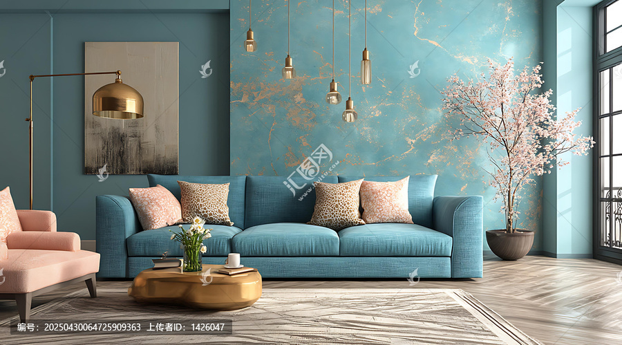現(xiàn)代客廳，搭配天藍(lán)色沙發(fā)和粉色點(diǎn)綴