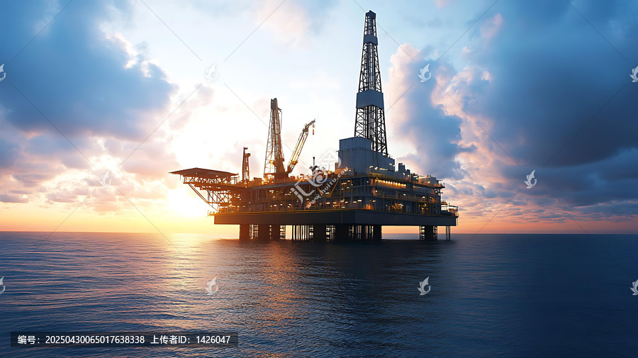 夕陽下的海上石油平臺