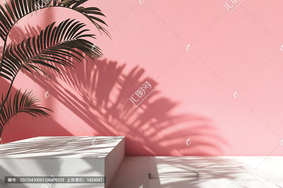 粉色極簡展示臺(tái)與棕櫚樹的影子