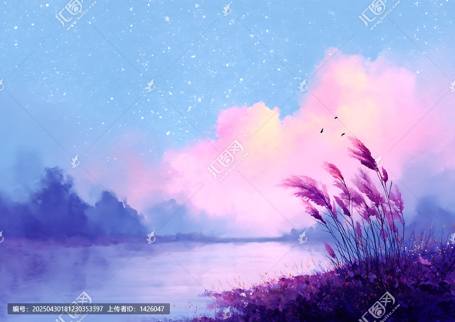 夢幻般的粉紫色夕陽湖畔美景