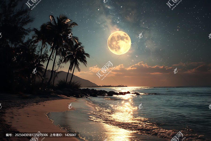 夢(mèng)幻月光下的海灘日落