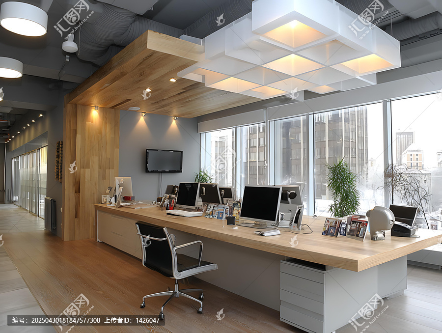 現(xiàn)代開放式辦公空間,大型辦公桌