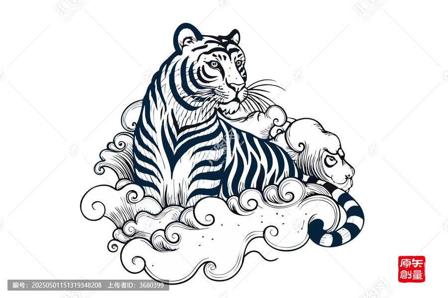 云間踞坐的國風老虎插畫
