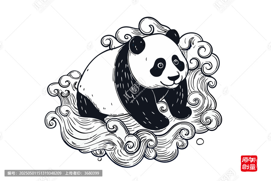 國(guó)風(fēng)熊貓與云紋插畫