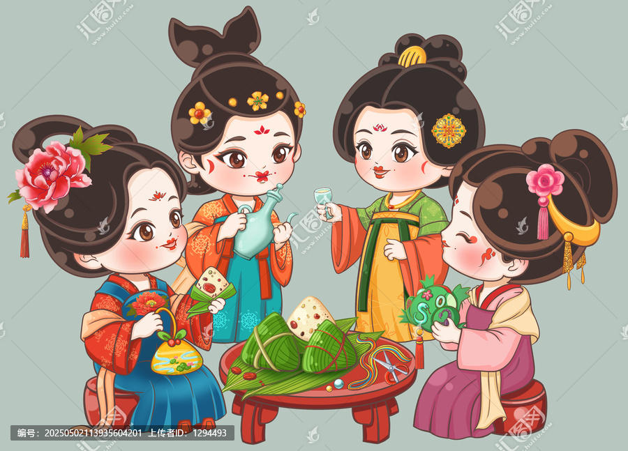 古風(fēng)少女共度端午歡樂時(shí)光手繪插畫