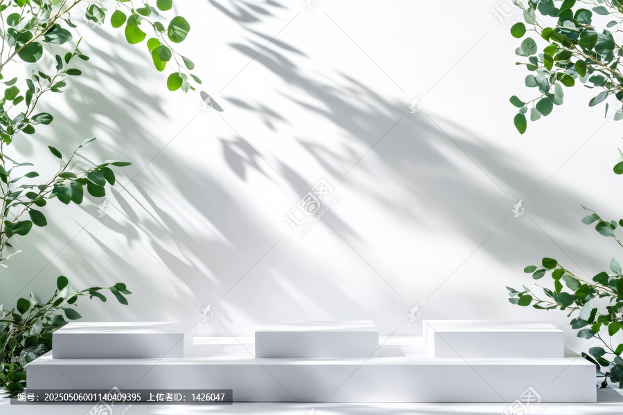 白色展示臺與綠色植物和陰影