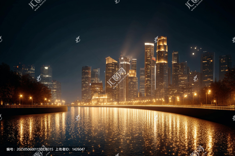 夜幕下的城市天際線倒映