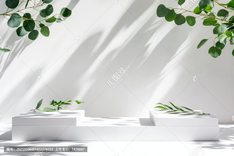 白色展示臺與自然綠植