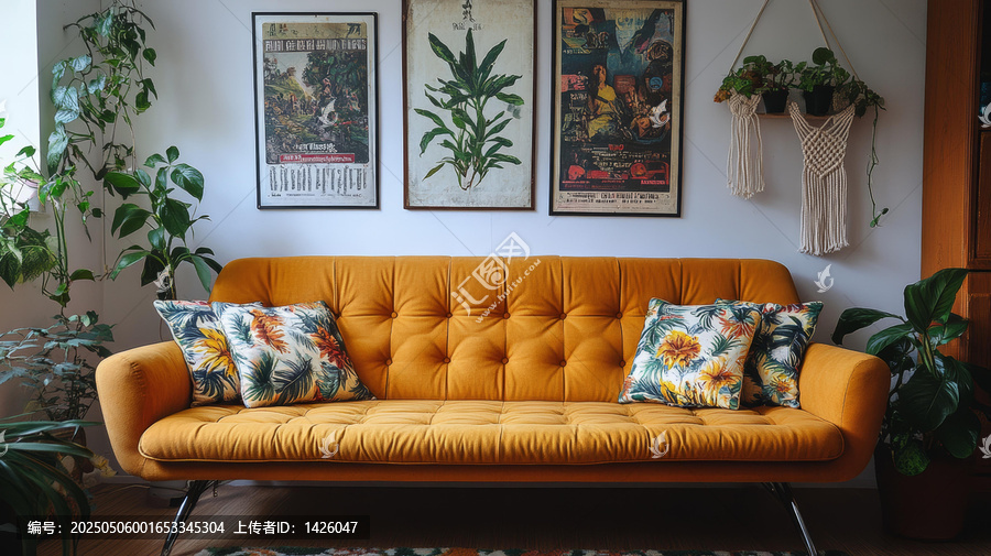 時(shí)尚家居裝飾,黃色沙發(fā)與熱帶印花靠墊