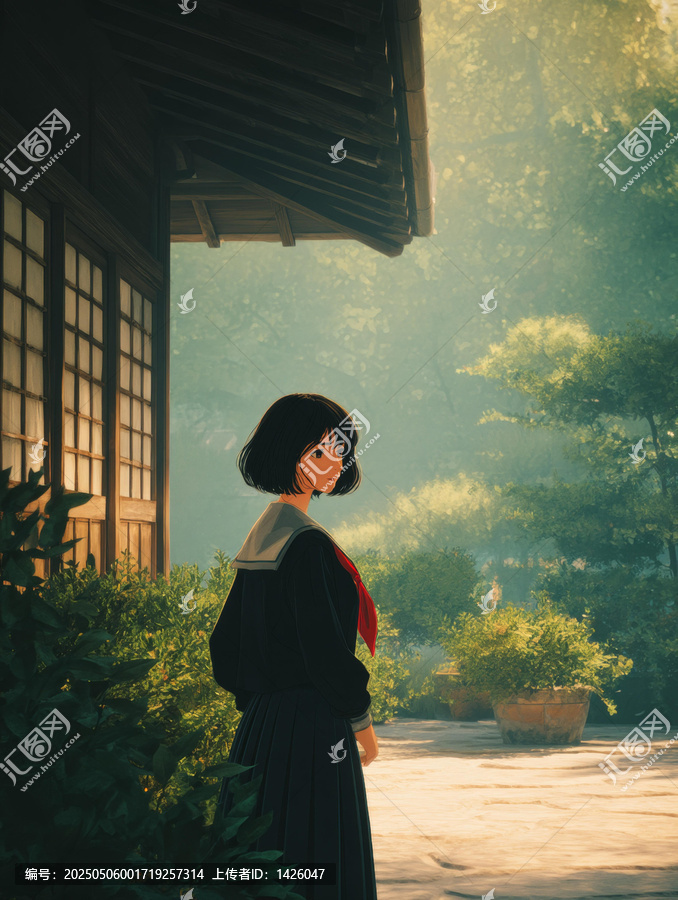 日本少女在寧靜花園中的場景