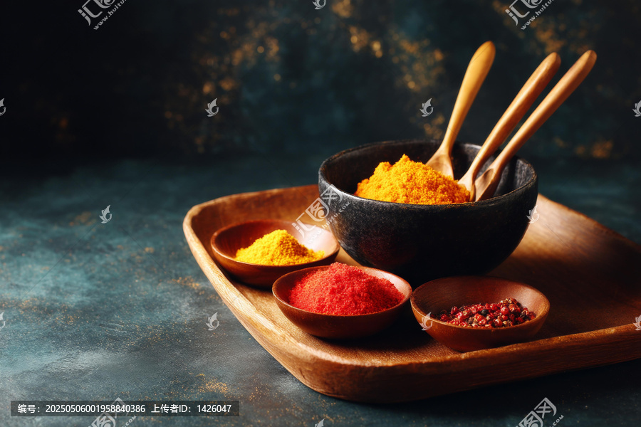 木質(zhì)托盤上的五彩繽紛香料
