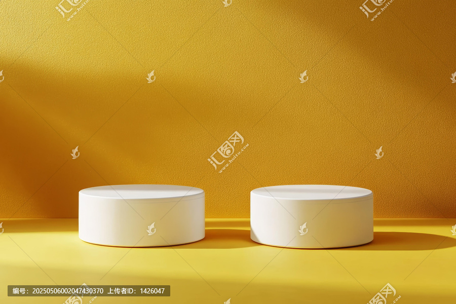 現(xiàn)代極簡白色圓柱形產(chǎn)品展示臺黃色背景圖