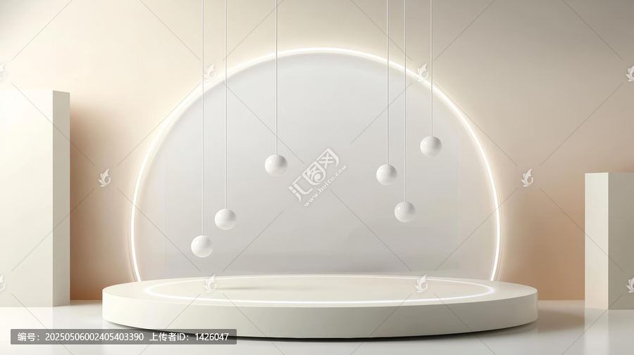 極簡(jiǎn)主義白色舞臺(tái)與懸掛球體