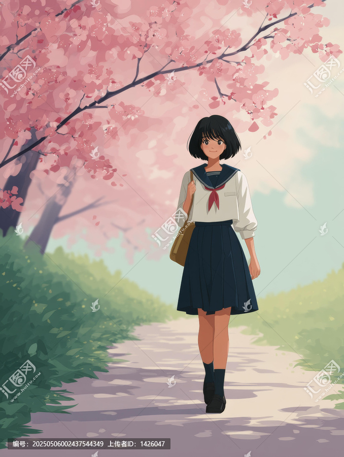 櫻花盛開的春日小路上的日本學(xué)生