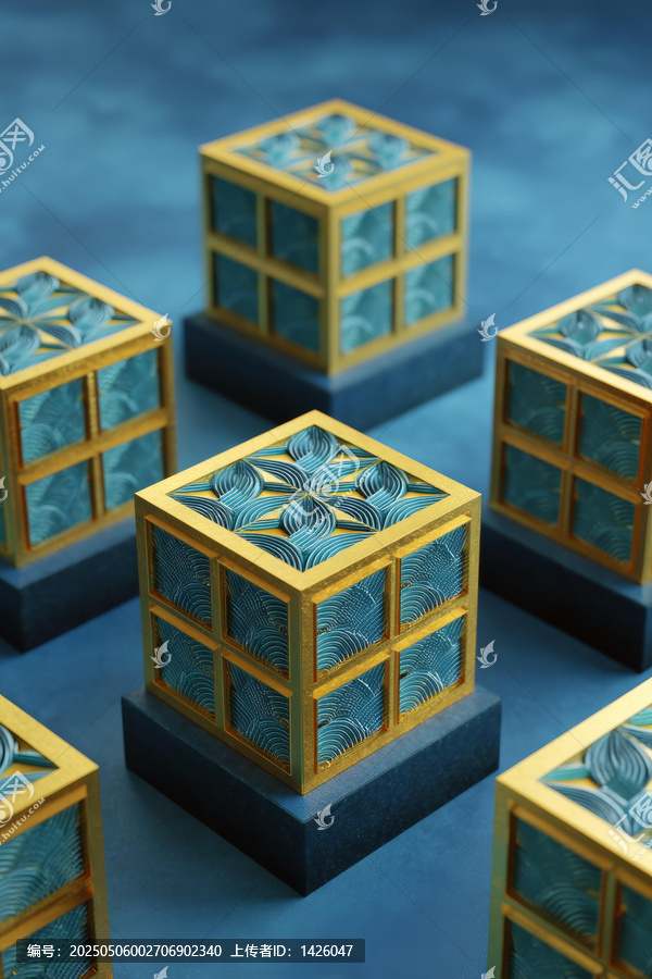 藍(lán)色背景上的幾何裝飾盒子